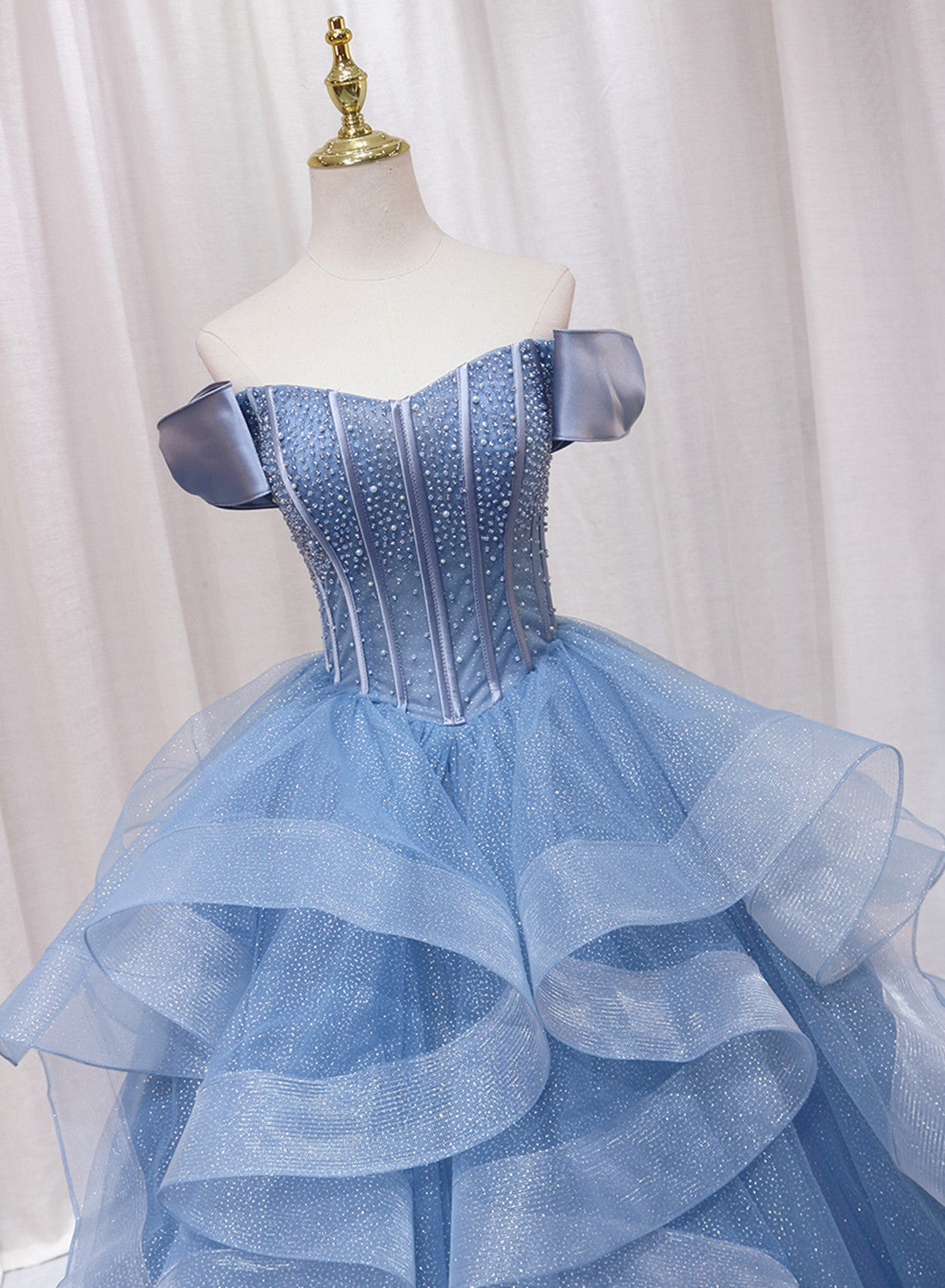 Blue Beaded Off Shoulder Tulle Long Formal Dress