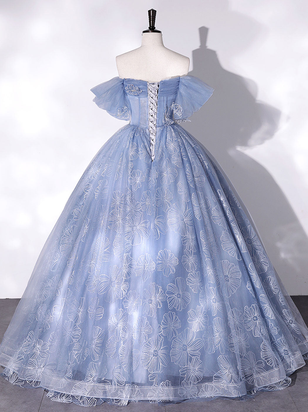 Blue Off Shoulder Ball Gown Floral Tulle Party Dress