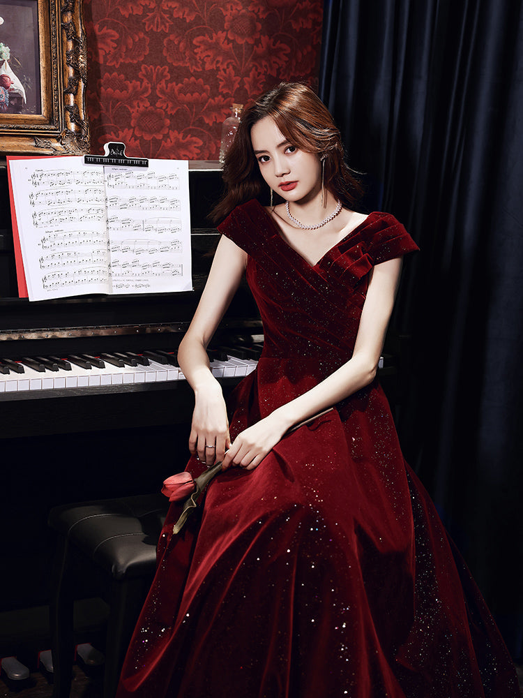 Vestido largo de fiesta de terciopelo rojo vino con escote en V 