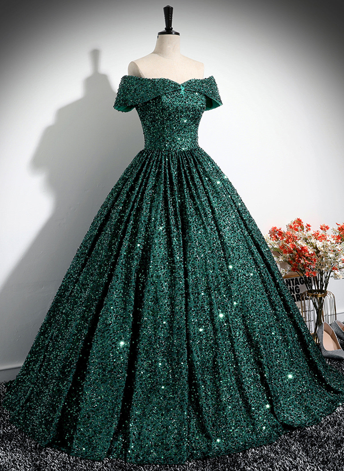 Dark Green Sequins Off Shoulder Ball Gown Prom Dress