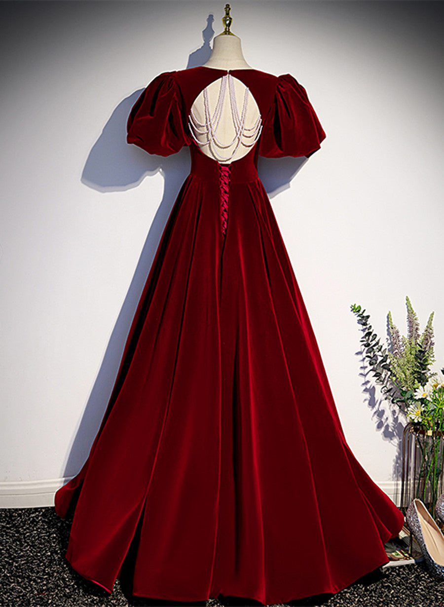 Vestido largo de fiesta con mangas abullonadas de terciopelo rojo vino 