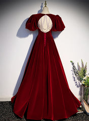 Vestido largo de fiesta con mangas abullonadas de terciopelo rojo vino 