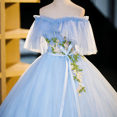 Light Blue Tulle Off Shoulder with Lace Applique Prom Dress
