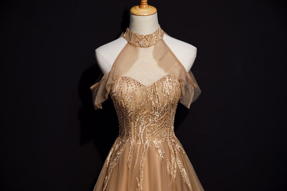 Charming Champagne Tulle Halter Long Party Gown