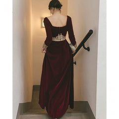 Elegant Wine Red Velvet Long Sleeves Party Dress