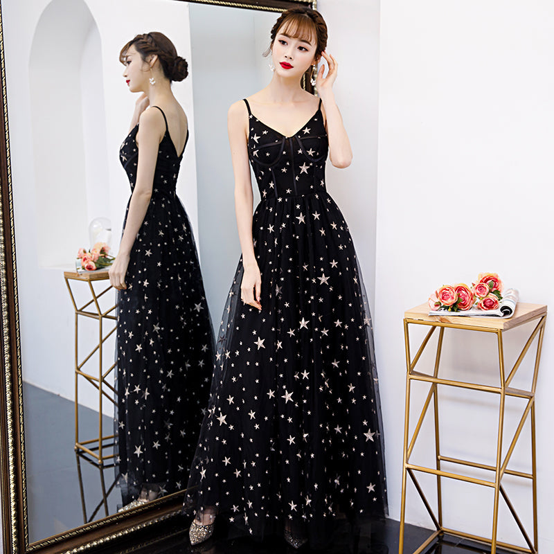 Lovely Black V-neckline Straps Long Evening Gown