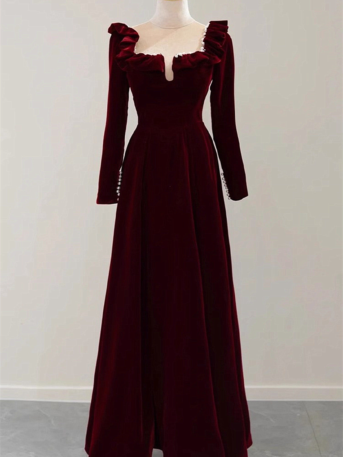 Wine Red Velvet Long Sleeves Beaded Party Dress