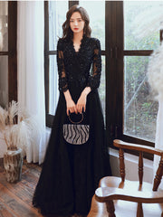Vestido de fiesta de tul negro con mangas largas y encaje, corte A 