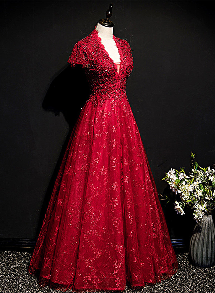 Vestido de fiesta largo con espalda abierta y encaje rojo vino 