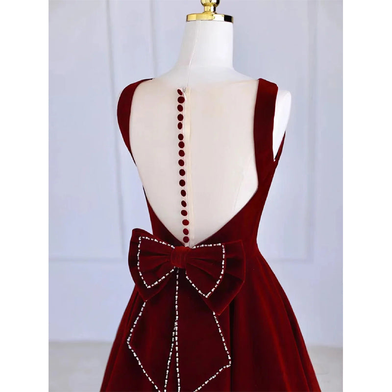 Wine Red Tea Length Velvet Party Dress with Bow
