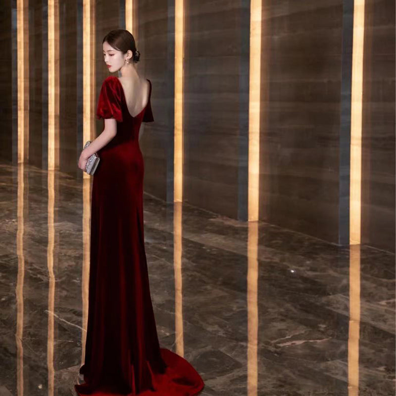 Wine Red Velvet Long Round Neckline Party Dress