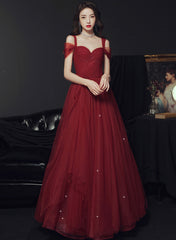 Wine Red Tulle Straps Sweetheart Long Party Dress