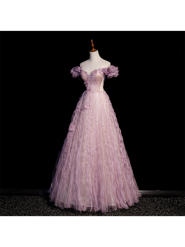 Vestido de fiesta largo de tul rosa con hombros descubiertos y flores 