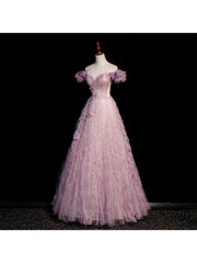 Vestido de fiesta largo de tul rosa con hombros descubiertos y flores 