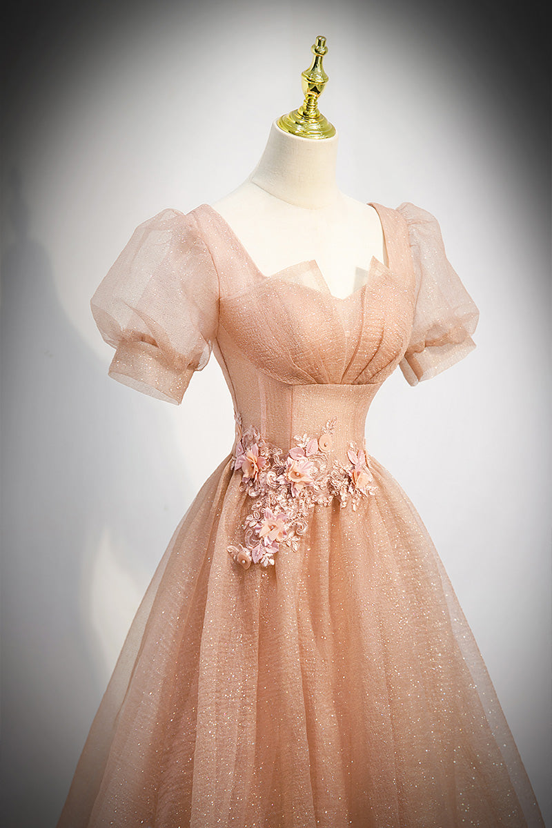 Vestido de fiesta de tul rosa con mangas cortas 