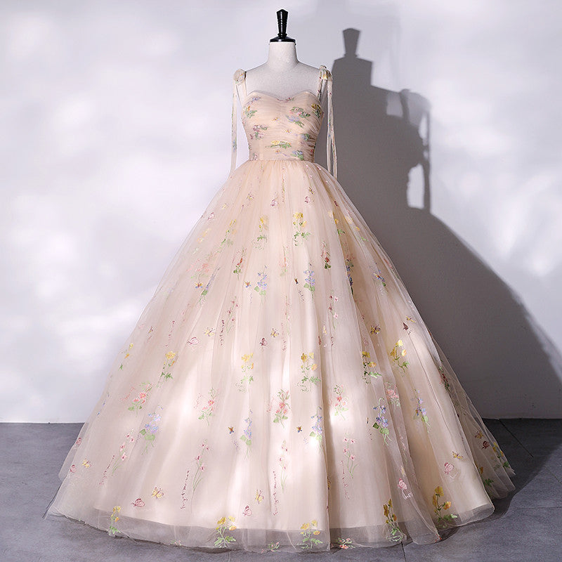 Champagne Floral Tulle Straps Sweetheart Long Party Dress