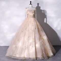 Champagne Floral Tulle Straps Sweetheart Long Party Dress