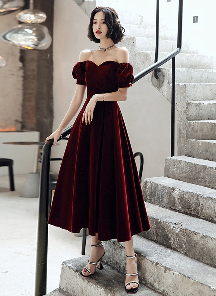 Wine Red Velvet Tea Length Off Shoulder Party Dress