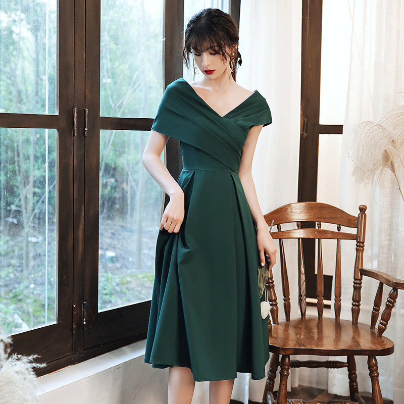 Green Off Shoulder Knee Length Bridesmaid Dress