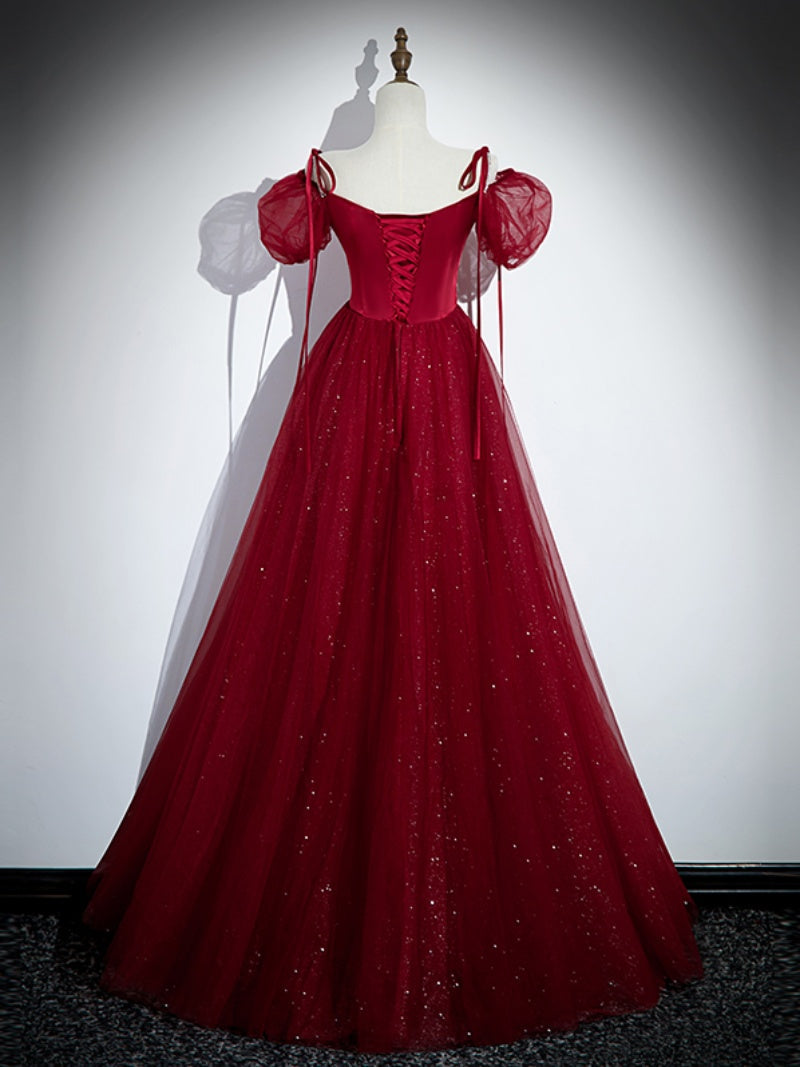Vestido de fiesta largo con tirantes de tul y satén rojo vino 