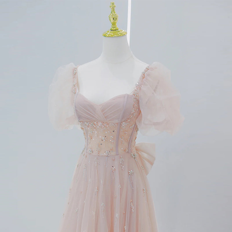 Pink Beaded Tulle Short Sleeves Long Party Dress