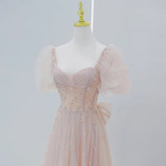 Pink Beaded Tulle Short Sleeves Long Party Dress