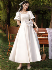 White Satin A-line Short Sleeves Party Dress with Bow
