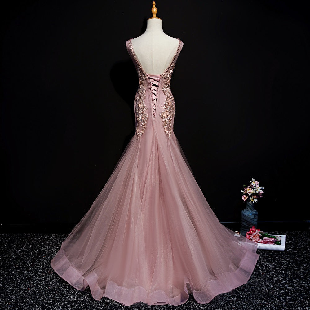 Pink Mermaid Tulle Long Evening Dress with Lace
