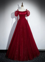 Vestido de fiesta largo con tirantes de tul y satén rojo vino 