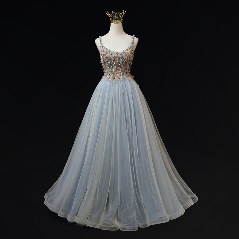 Blue Tulle with Flowers Straps Long Evening Dress