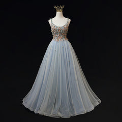 Blue Tulle with Flowers Straps Long Evening Dress