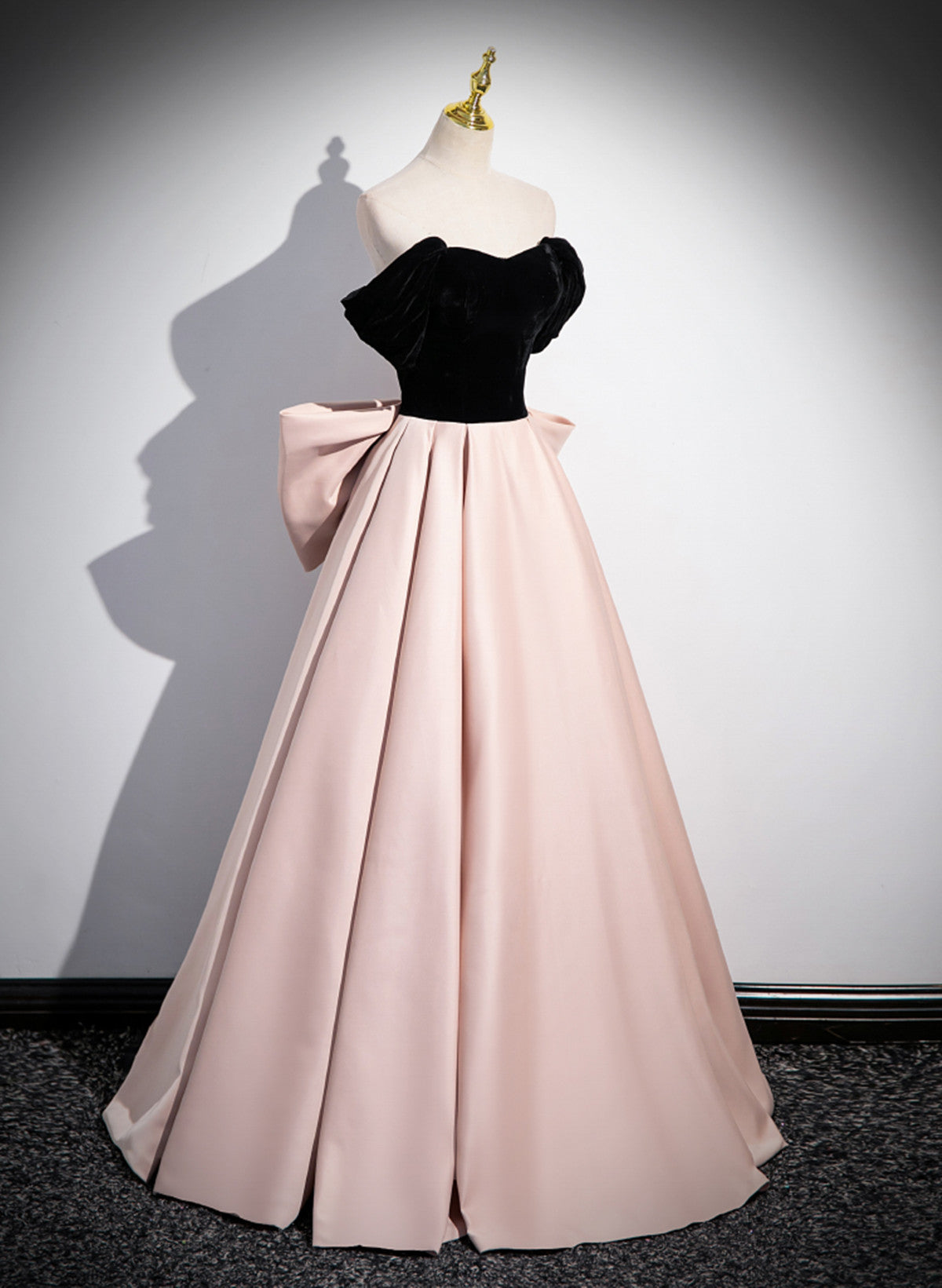 Pink and Black Off Shoulder Long Party Dress with Bow