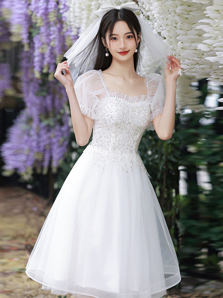 Cute Short Tulle Party Dress with Beadings