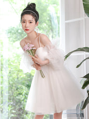 White Tulle Short Sleeves Homecoming Dress