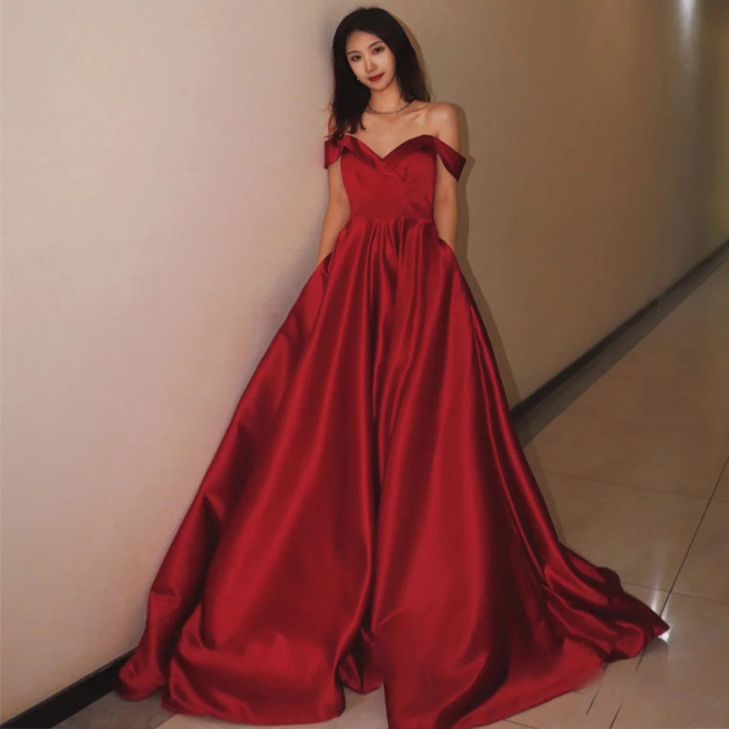 Dark Red Satin Long Prom Dresses
