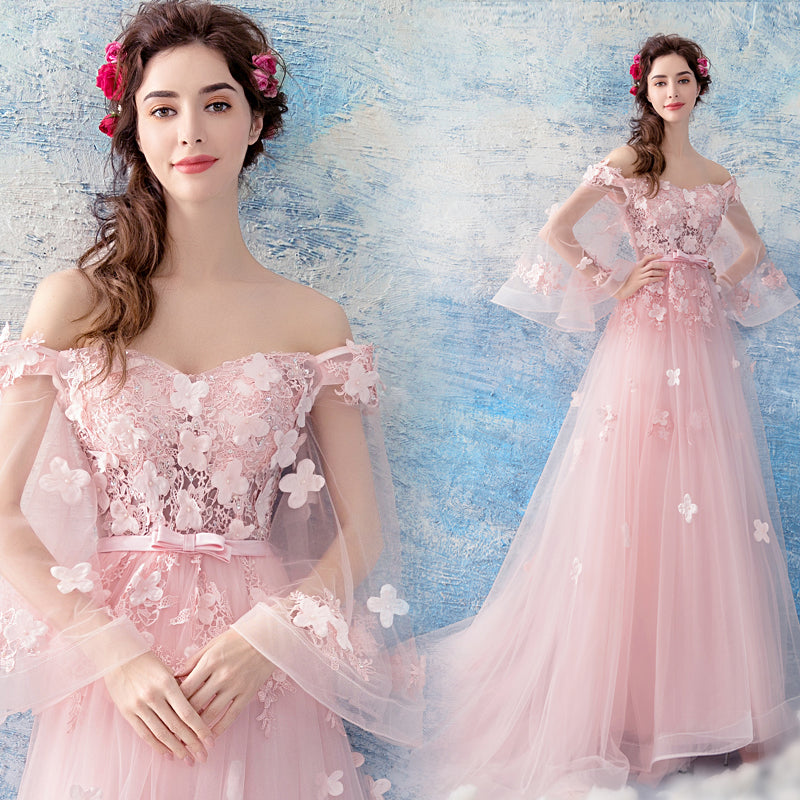 Pink Flowers and Tulle Long Puffy Sleeves Prom Dress