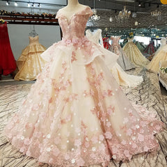Beautiful Pink Tulle with Flowers and Beaded Long Party Dress