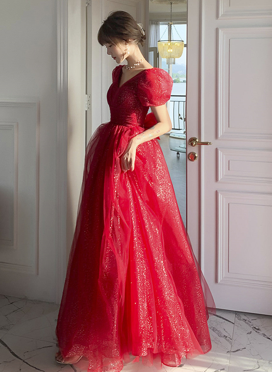 Vestido de fiesta largo de corte A con mangas cortas de tul rojo brillante 