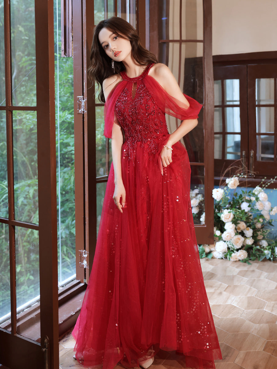Vestido de fiesta largo con hombros descubiertos, lentejuelas rojas y cuentas 