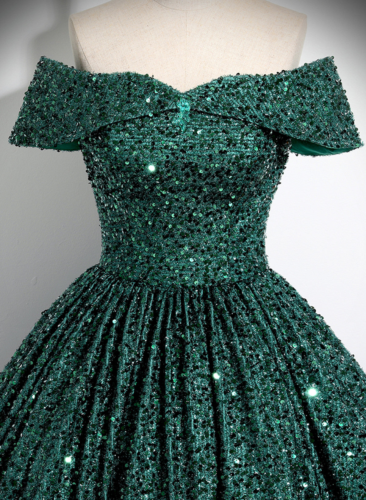 Dark Green Sequins Off Shoulder Ball Gown Prom Dress