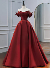Wine Red Satin A-line Beaded Off Shoulder Party Dress
