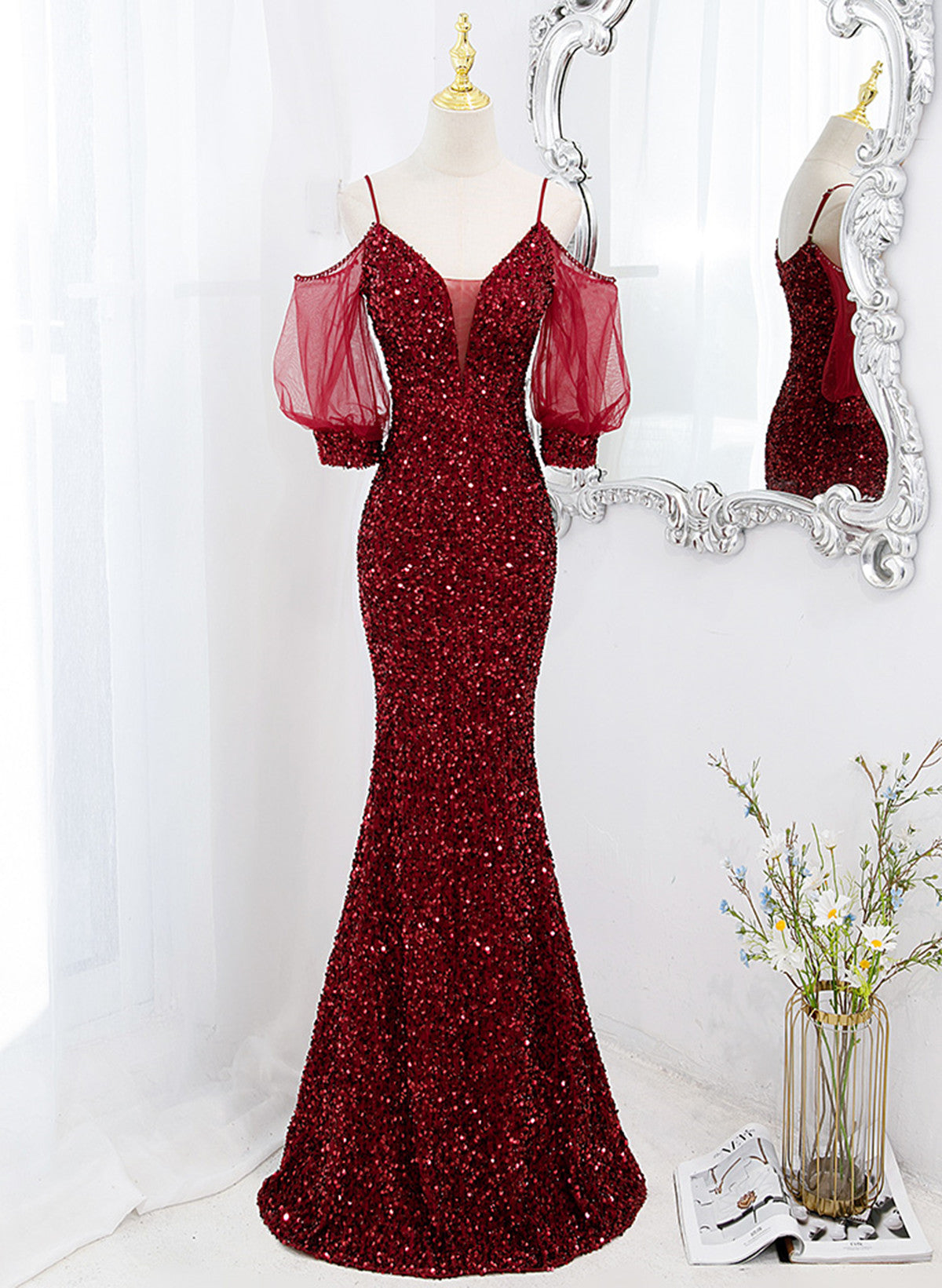 Vestido largo de fiesta estilo sirena de terciopelo rojo vino 