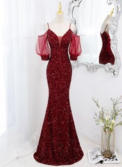 Vestido largo de fiesta estilo sirena de terciopelo rojo vino 