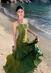 Precioso vestido de fiesta de sirena de satén verde 