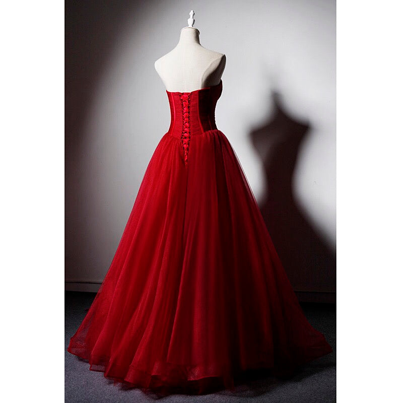 Red Sweetheart Tulle Ball Gown Floor Length Formal Dress