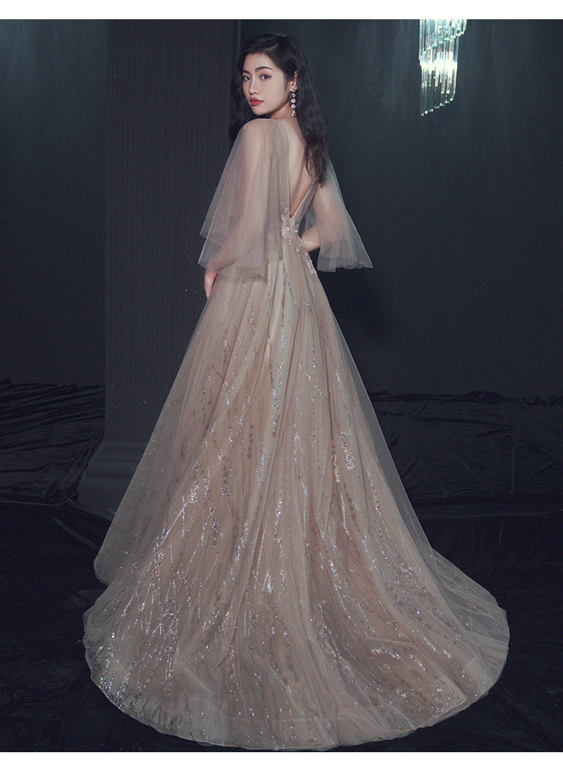 Sexy Champagne Tulle V Back Long Evening Dress Party Dress