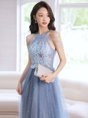 Blue Beaded and Lace Applique Long Party Dress