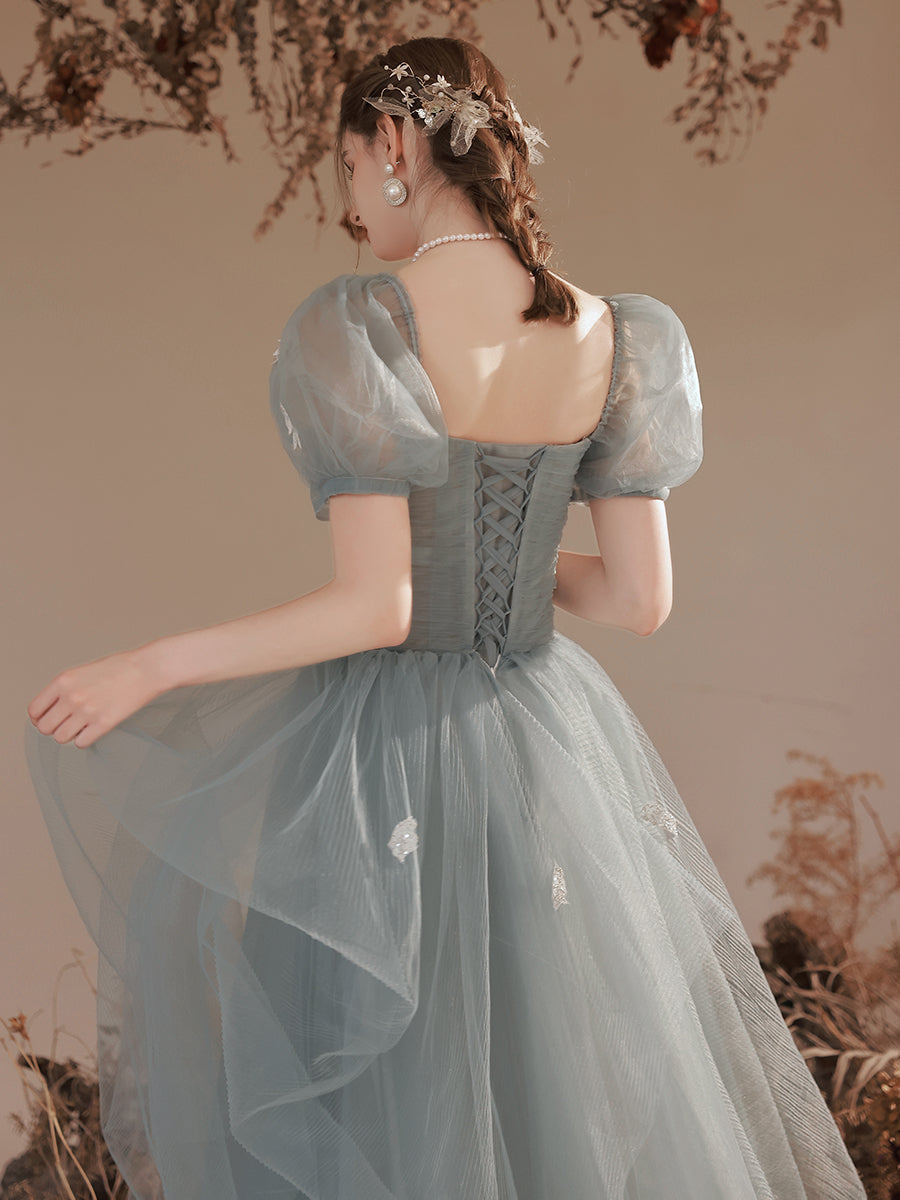 Light Green Short Sleeves Tulle Floor Length Party Dress