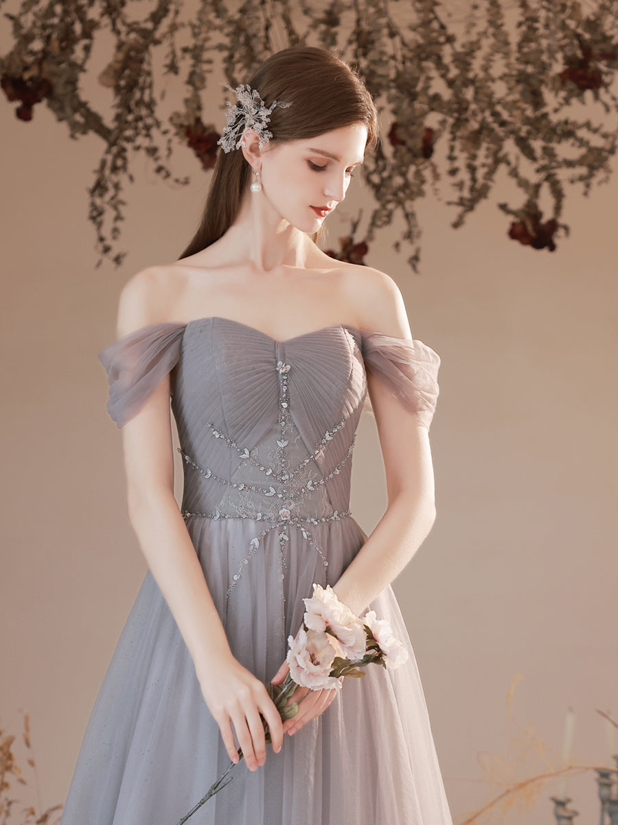 Grey Beaded Sweetheart Tulle A-line Off Shoulder Evening Dress