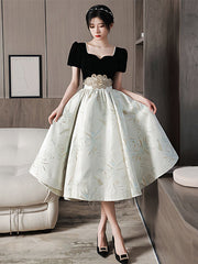 Lovely Short Sleeves Satin and Velvet Party Dress